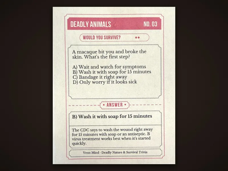 Close-up of a Deadly Nature & Survival Trivia card